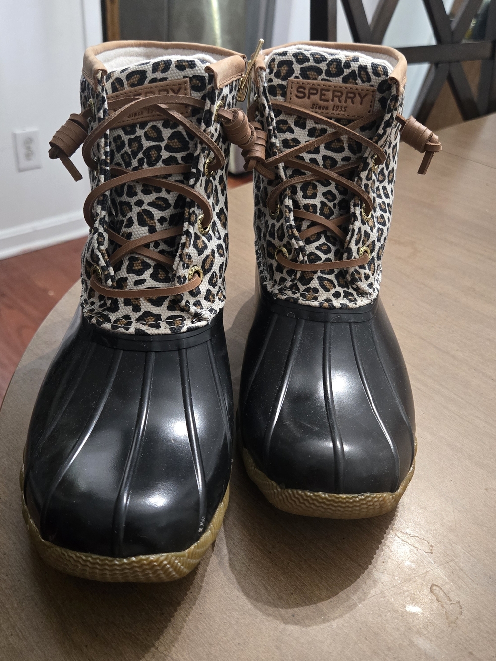 Sperry Leopard Print Rain & Snow Boots in Black, Brown and Cream